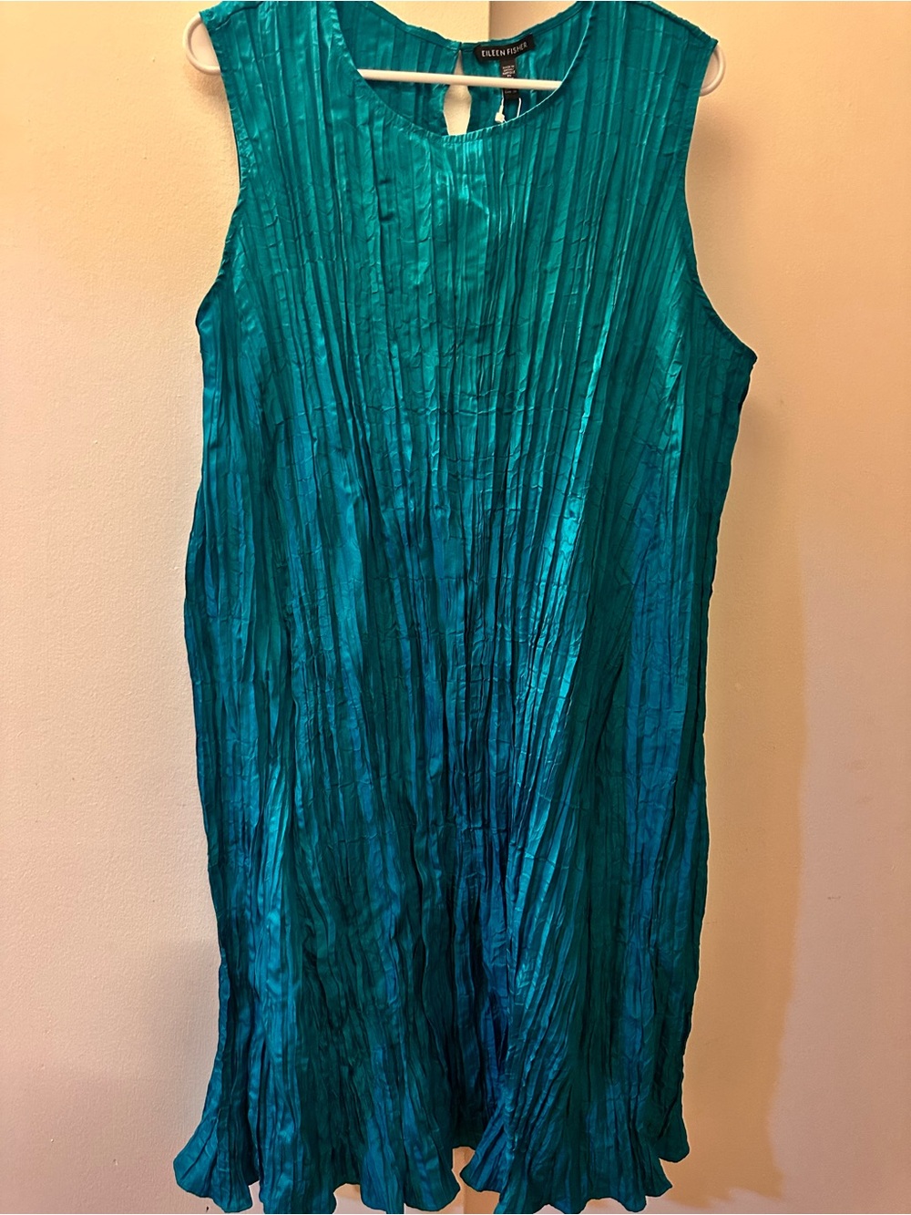 Eileen Fisher Teal Crinkle Sleeveless Midi Dress